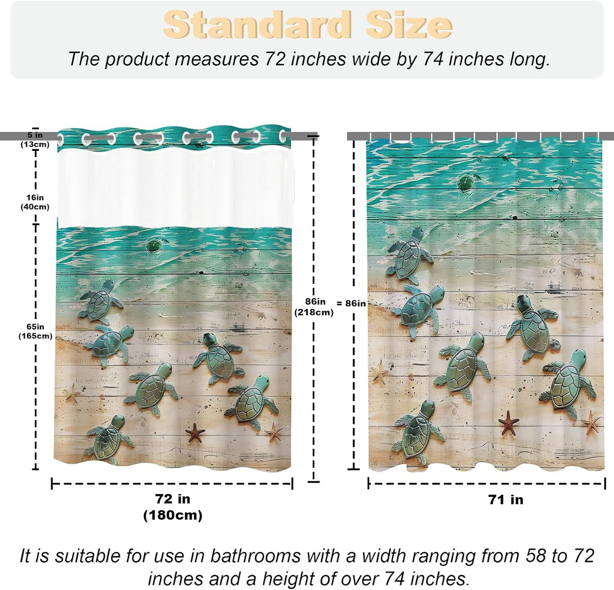 Nautical Green Sea Turtles Beach Theme Fabric Shower Curtain Sets Bathroom Blue Ocean Decor with Grommets and Hooks - 72 x 72 Inch Teal