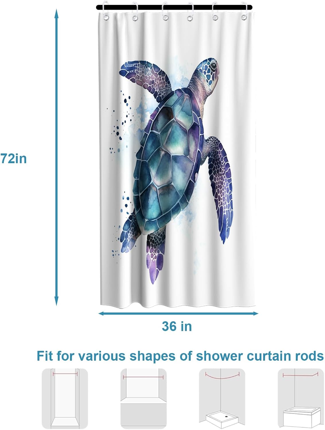 Nautical Green Sea Turtles Beach Theme Fabric Shower Curtain Sets Bathroom Blue Ocean Decor with Grommets and Hooks - 72 x 72 Inch Teal