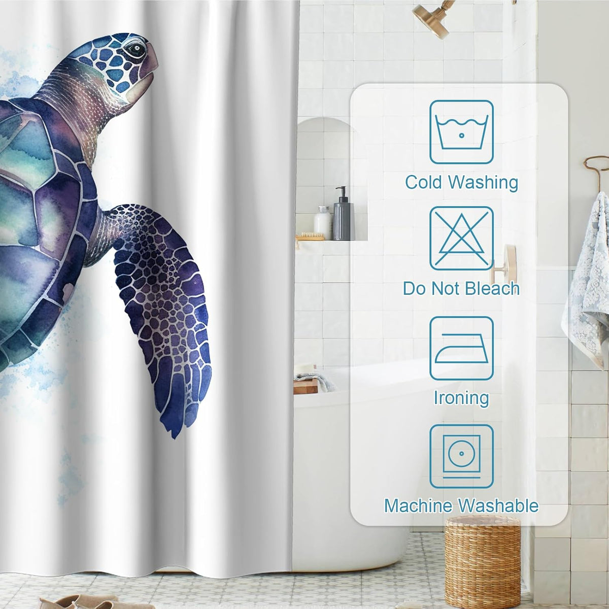 Nautical Green Sea Turtles Beach Theme Fabric Shower Curtain Sets Bathroom Blue Ocean Decor with Grommets and Hooks - 72 x 72 Inch Teal