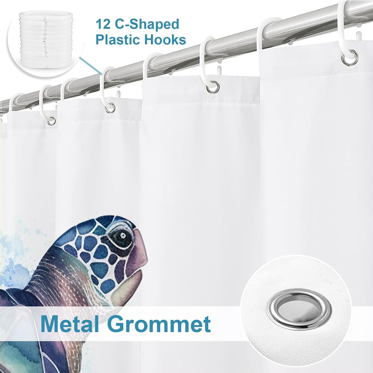 Nautical Green Sea Turtles Beach Theme Fabric Shower Curtain Sets Bathroom Blue Ocean Decor with Grommets and Hooks - 72 x 72 Inch Teal