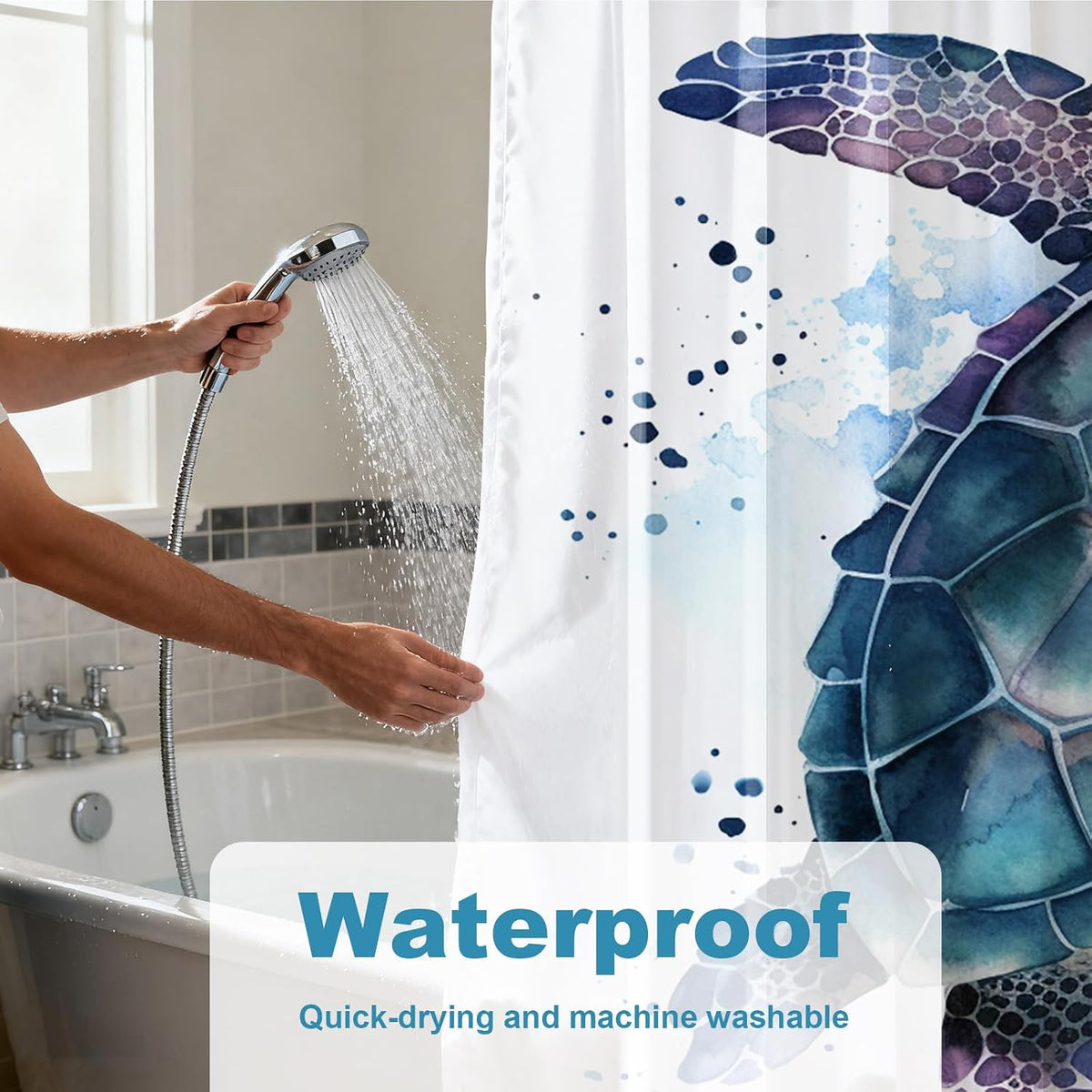 Nautical Green Sea Turtles Beach Theme Fabric Shower Curtain Sets Bathroom Blue Ocean Decor with Grommets and Hooks - 72 x 72 Inch Teal