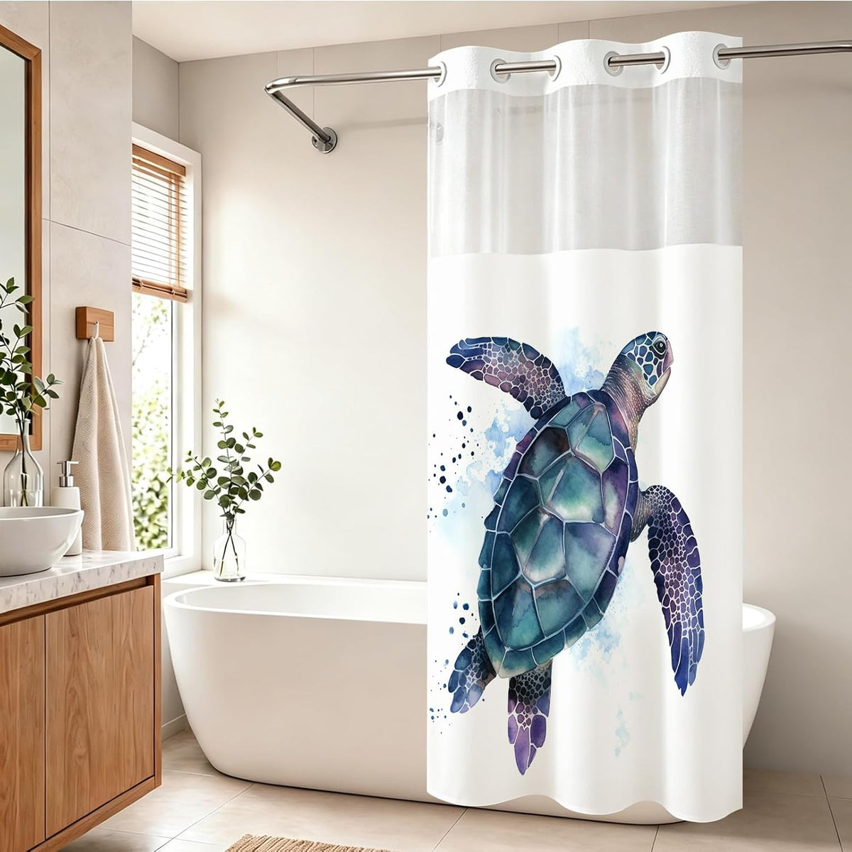 Nautical Green Sea Turtles Beach Theme Fabric Shower Curtain Sets Bathroom Blue Ocean Decor with Grommets and Hooks - 72 x 72 Inch Teal