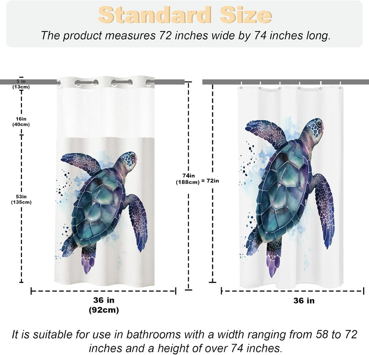 Nautical Green Sea Turtles Beach Theme Fabric Shower Curtain Sets Bathroom Blue Ocean Decor with Grommets and Hooks - 72 x 72 Inch Teal