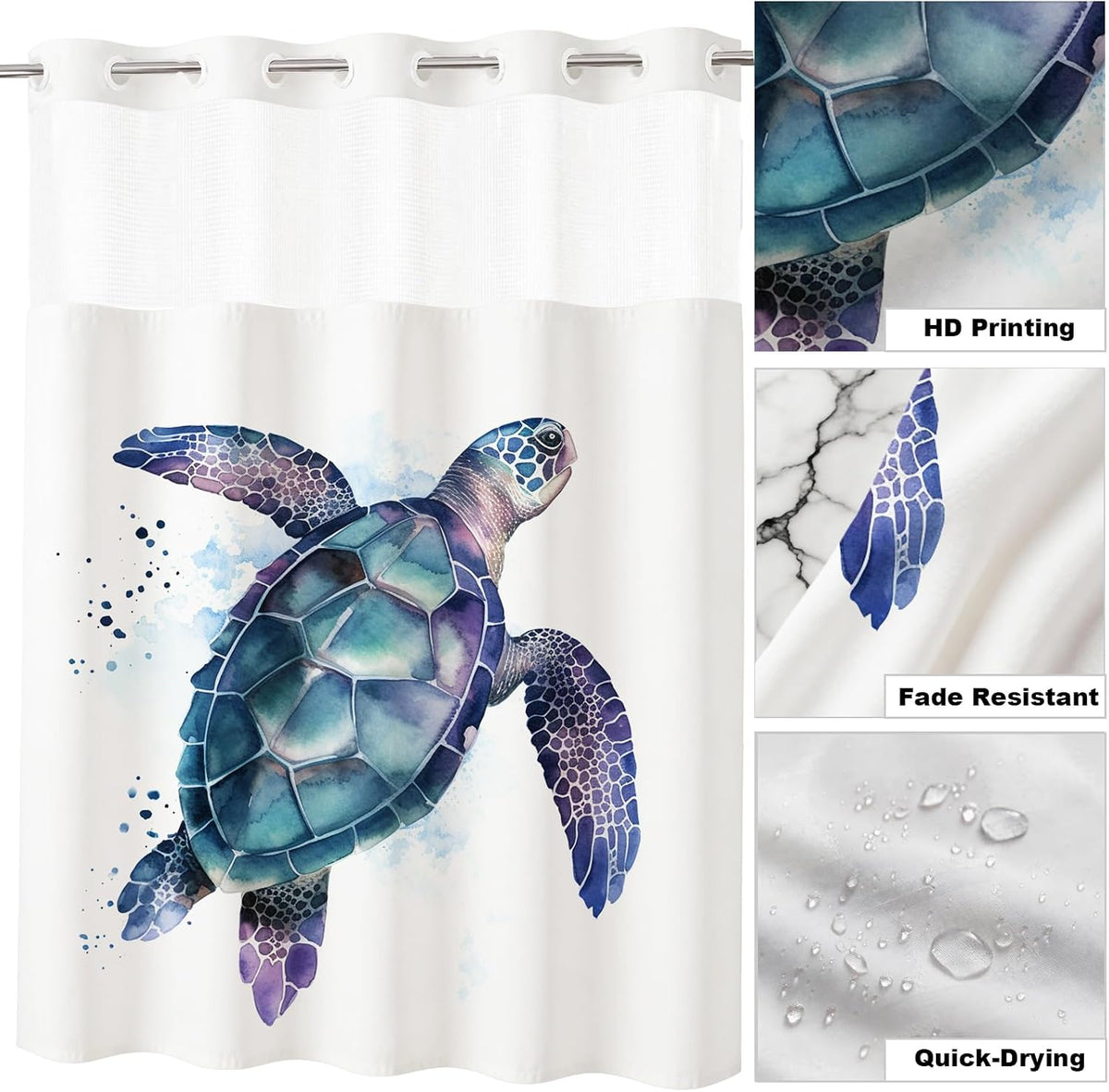 Nautical Green Sea Turtles Beach Theme Fabric Shower Curtain Sets Bathroom Blue Ocean Decor with Grommets and Hooks - 72 x 72 Inch Teal