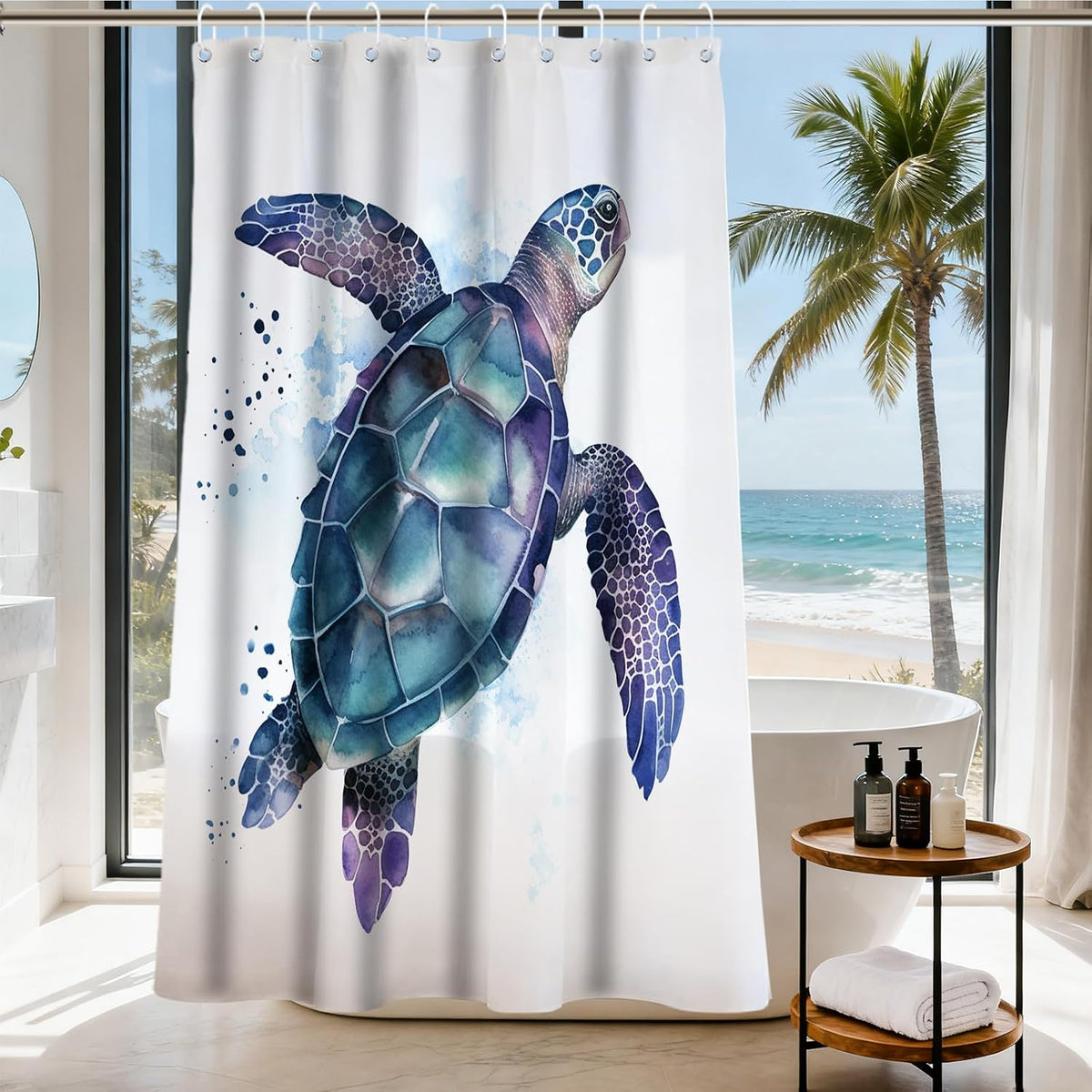 Nautical Green Sea Turtles Beach Theme Fabric Shower Curtain Sets Bathroom Blue Ocean Decor with Grommets and Hooks - 72 x 72 Inch Teal