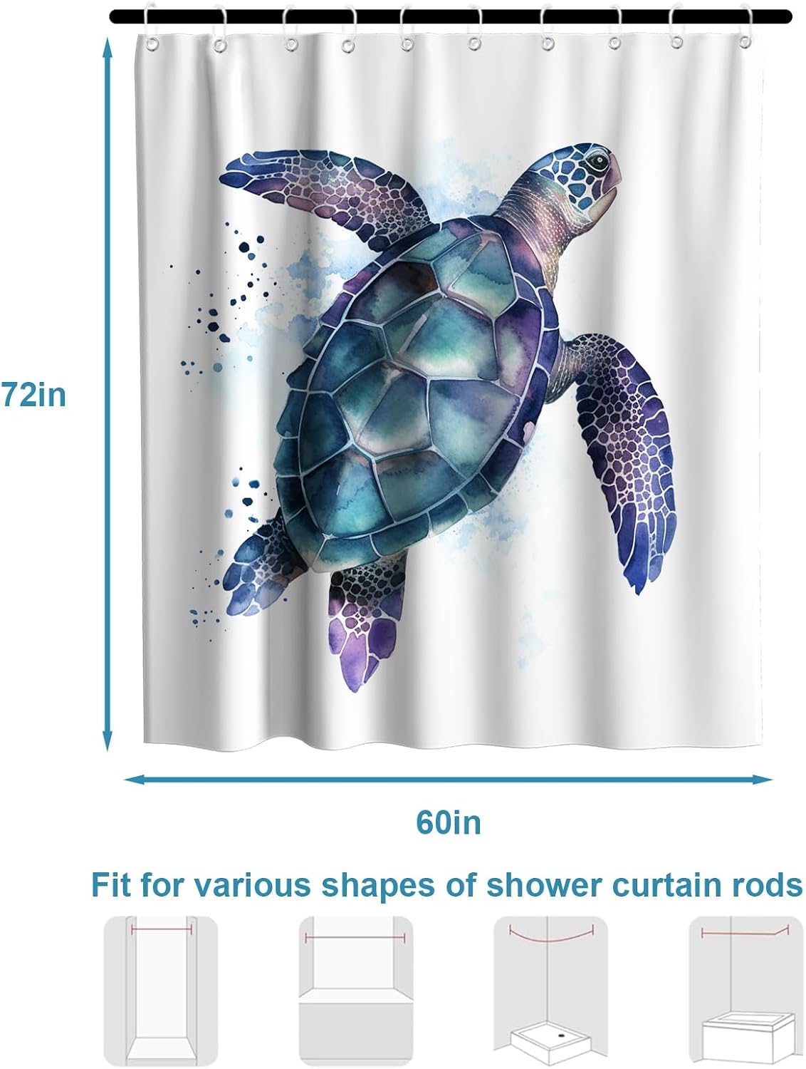 Nautical Green Sea Turtles Beach Theme Fabric Shower Curtain Sets Bathroom Blue Ocean Decor with Grommets and Hooks - 72 x 72 Inch Teal