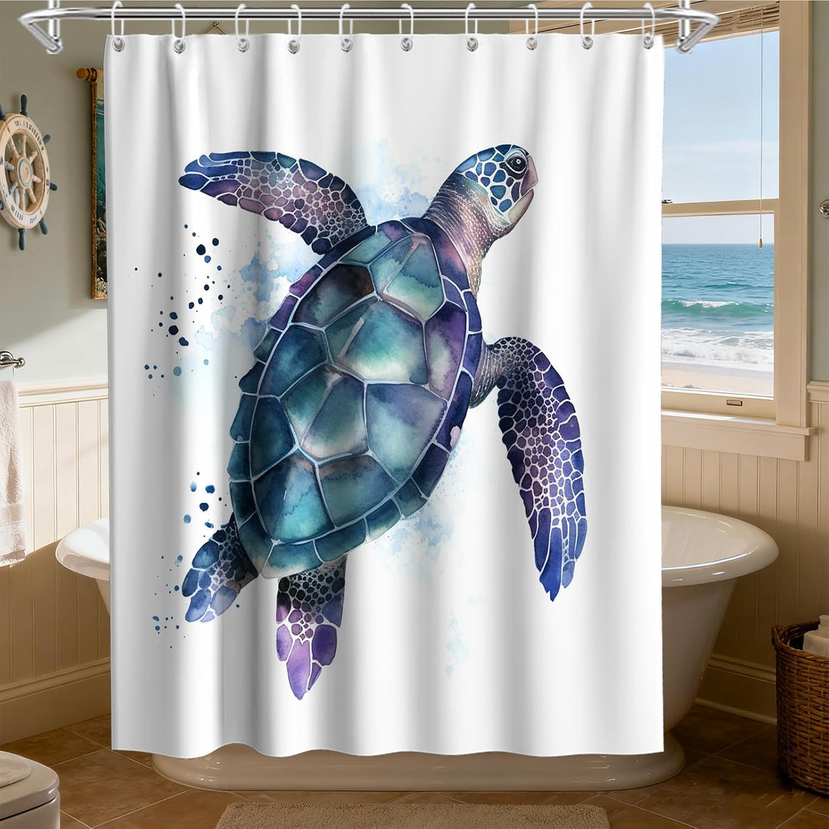 Nautical Green Sea Turtles Beach Theme Fabric Shower Curtain Sets Bathroom Blue Ocean Decor with Grommets and Hooks - 72 x 72 Inch Teal