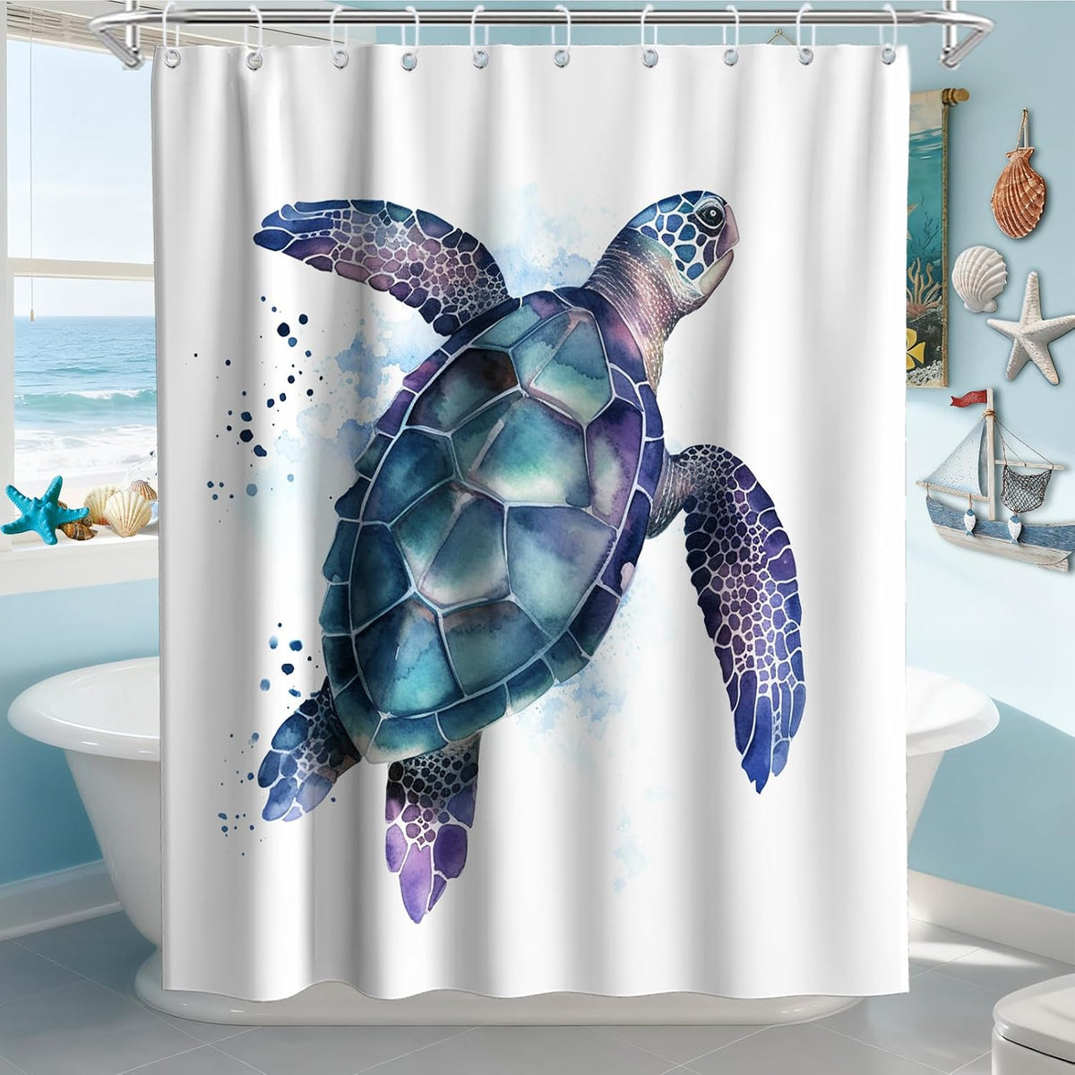 Nautical Green Sea Turtles Beach Theme Fabric Shower Curtain Sets Bathroom Blue Ocean Decor with Grommets and Hooks - 72 x 72 Inch Teal
