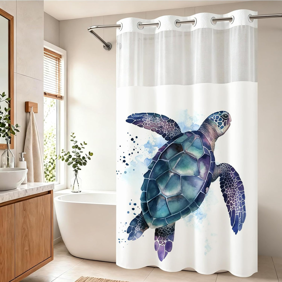 Nautical Green Sea Turtles Beach Theme Fabric Shower Curtain Sets Bathroom Blue Ocean Decor with Grommets and Hooks - 72 x 72 Inch Teal