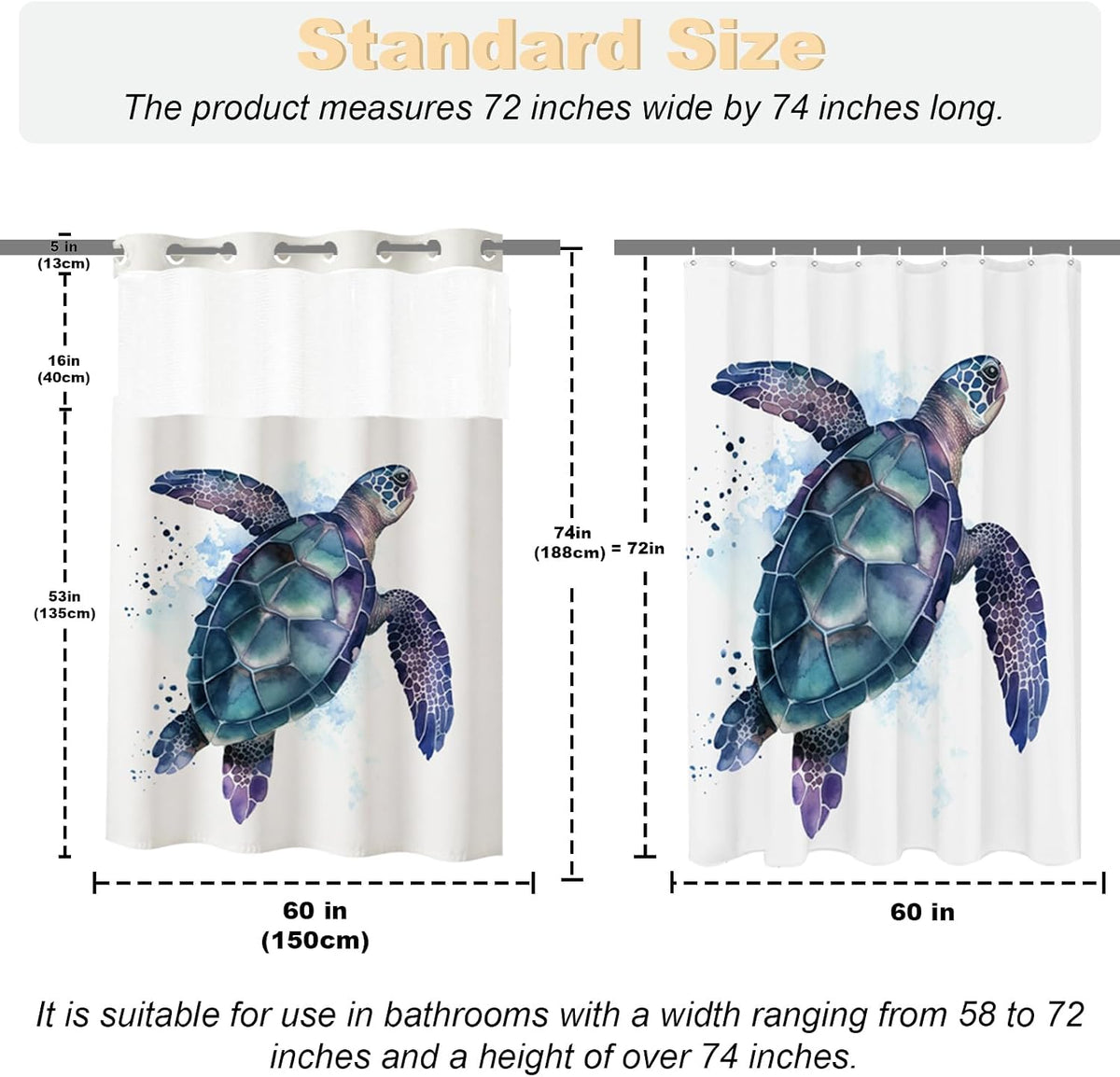 Nautical Green Sea Turtles Beach Theme Fabric Shower Curtain Sets Bathroom Blue Ocean Decor with Grommets and Hooks - 72 x 72 Inch Teal