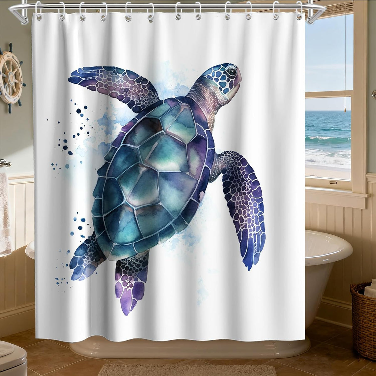 Nautical Green Sea Turtles Beach Theme Fabric Shower Curtain Sets Bathroom Blue Ocean Decor with Grommets and Hooks - 72 x 72 Inch Teal