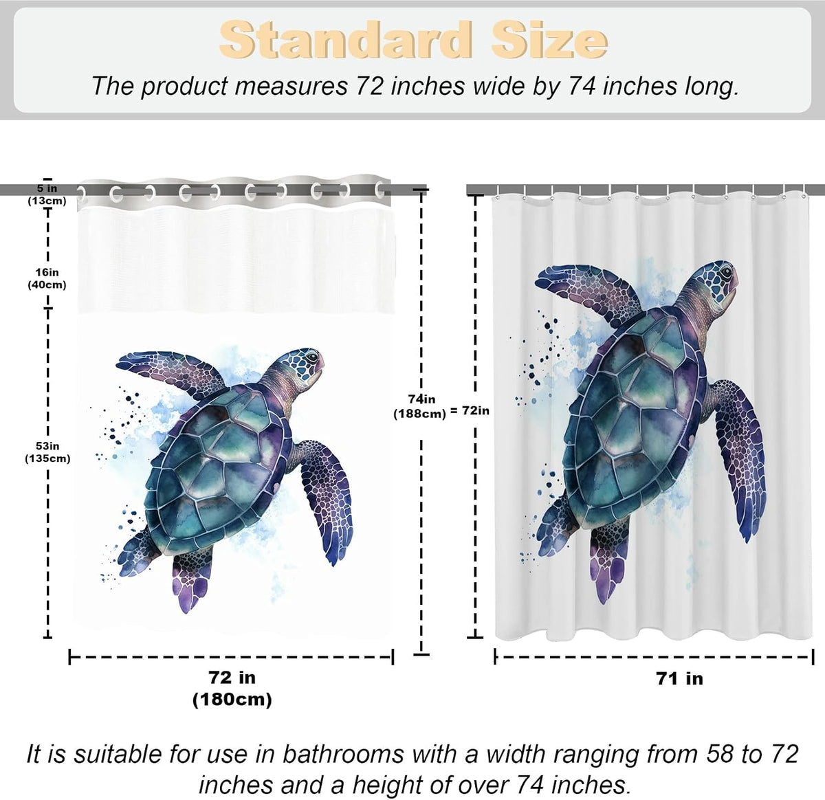 Nautical Green Sea Turtles Beach Theme Fabric Shower Curtain Sets Bathroom Blue Ocean Decor with Grommets and Hooks - 72 x 72 Inch Teal