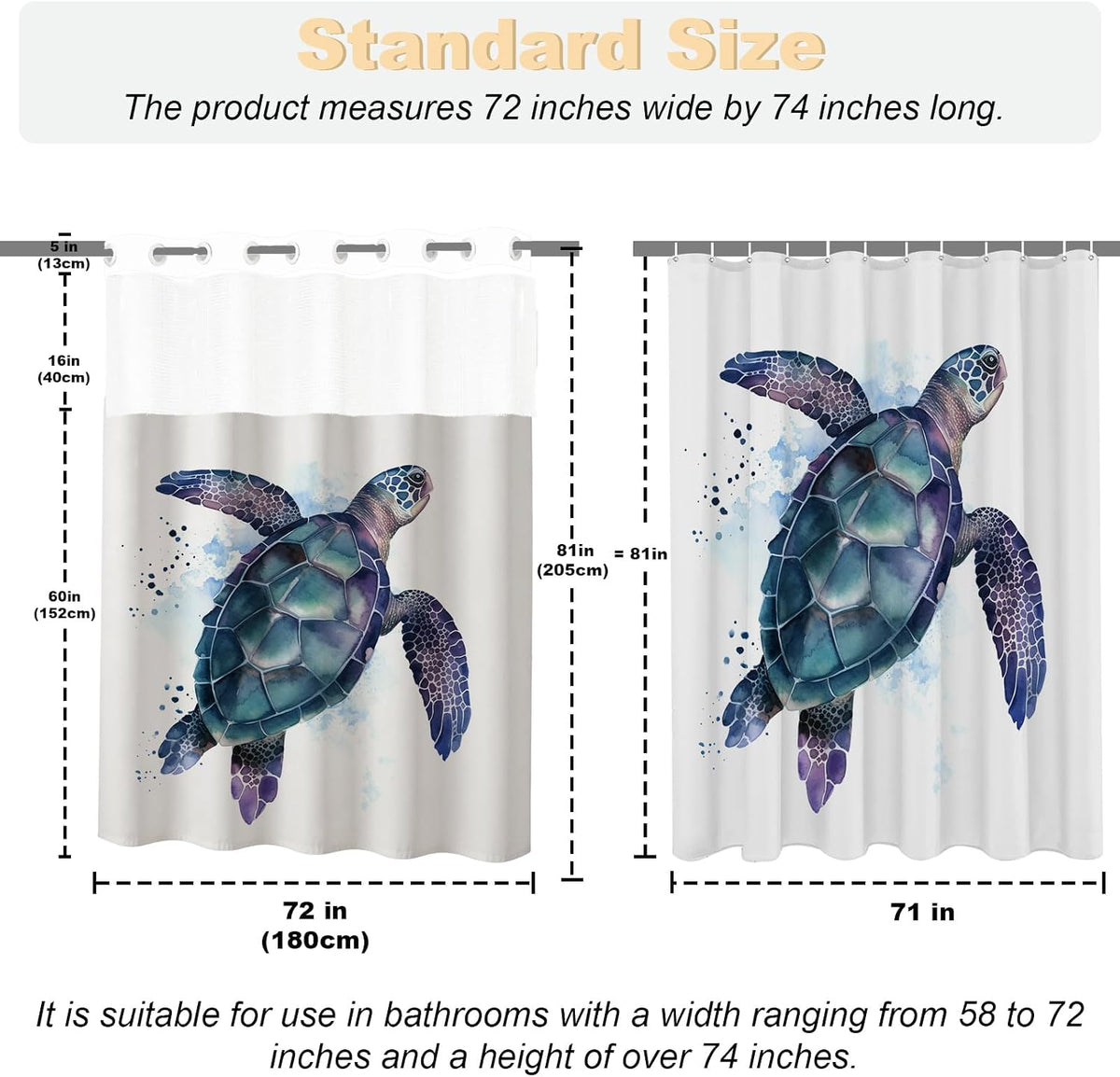 Nautical Green Sea Turtles Beach Theme Fabric Shower Curtain Sets Bathroom Blue Ocean Decor with Grommets and Hooks - 72 x 72 Inch Teal