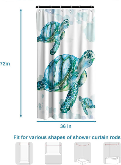 Nautical Green Sea Turtles Beach Theme Fabric Shower Curtain Sets Bathroom Blue Ocean Decor with Grommets and Hooks - 72 x 72 Inch Teal