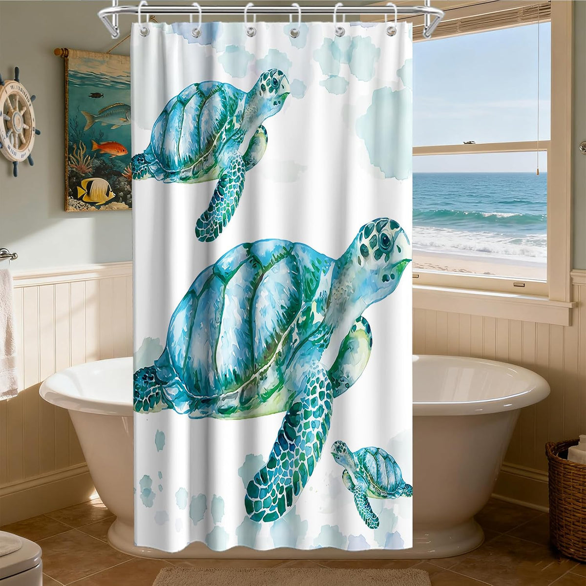 Nautical Green Sea Turtles Beach Theme Fabric Shower Curtain Sets Bathroom Blue Ocean Decor with Grommets and Hooks - 72 x 72 Inch Teal