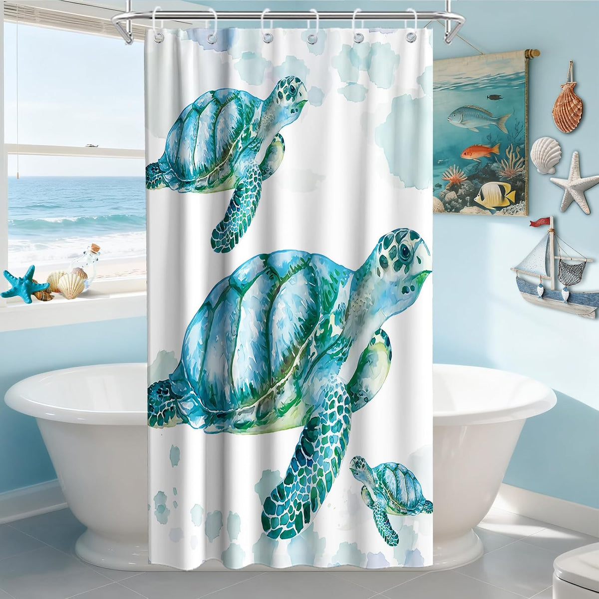 Nautical Green Sea Turtles Beach Theme Fabric Shower Curtain Sets Bathroom Blue Ocean Decor with Grommets and Hooks - 72 x 72 Inch Teal
