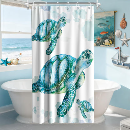 Nautical Green Sea Turtles Beach Theme Fabric Shower Curtain Sets Bathroom Blue Ocean Decor with Grommets and Hooks - 72 x 72 Inch Teal