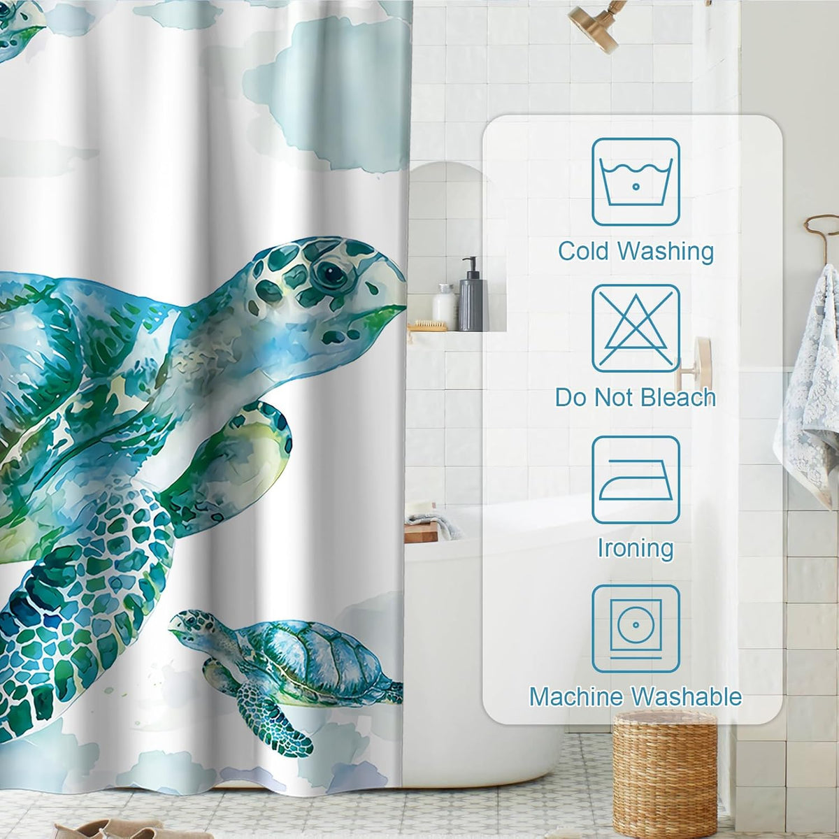 Nautical Green Sea Turtles Beach Theme Fabric Shower Curtain Sets Bathroom Blue Ocean Decor with Grommets and Hooks - 72 x 72 Inch Teal