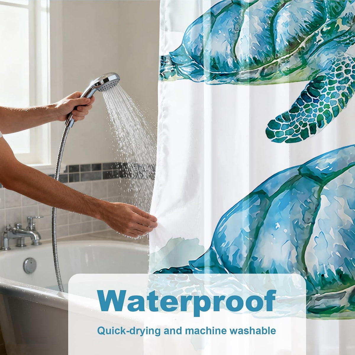Nautical Green Sea Turtles Beach Theme Fabric Shower Curtain Sets Bathroom Blue Ocean Decor with Grommets and Hooks - 72 x 72 Inch Teal