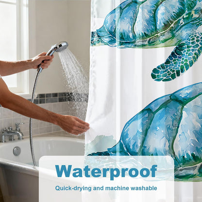 Nautical Green Sea Turtles Beach Theme Fabric Shower Curtain Sets Bathroom Blue Ocean Decor with Grommets and Hooks - 72 x 72 Inch Teal