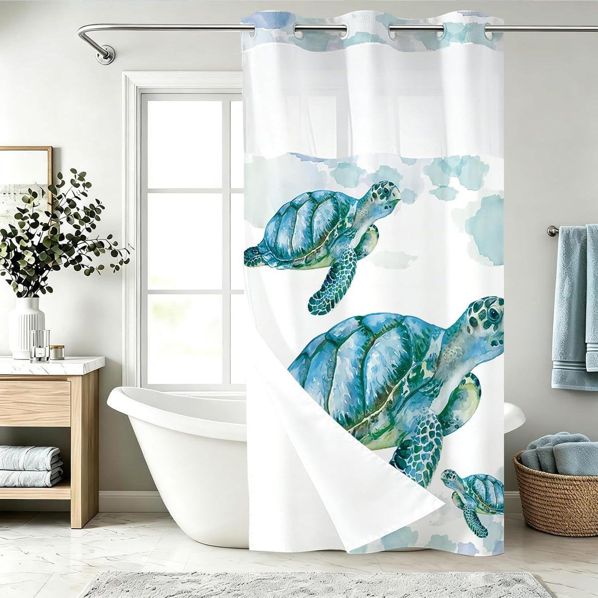 Nautical Green Sea Turtles Beach Theme Fabric Shower Curtain Sets Bathroom Blue Ocean Decor with Grommets and Hooks - 72 x 72 Inch Teal