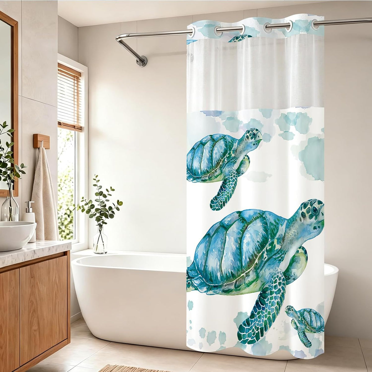 Nautical Green Sea Turtles Beach Theme Fabric Shower Curtain Sets Bathroom Blue Ocean Decor with Grommets and Hooks - 72 x 72 Inch Teal