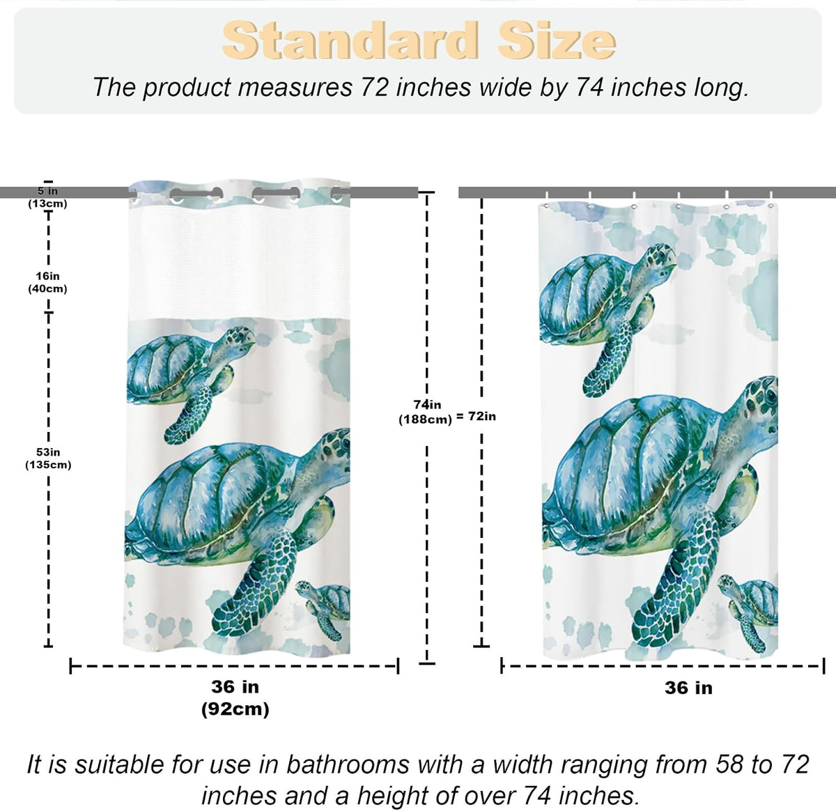 Nautical Green Sea Turtles Beach Theme Fabric Shower Curtain Sets Bathroom Blue Ocean Decor with Grommets and Hooks - 72 x 72 Inch Teal