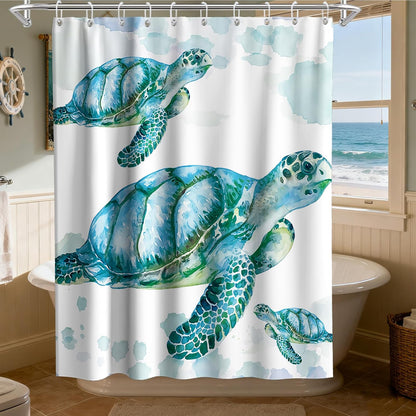 Nautical Green Sea Turtles Beach Theme Fabric Shower Curtain Sets Bathroom Blue Ocean Decor with Grommets and Hooks - 72 x 72 Inch Teal