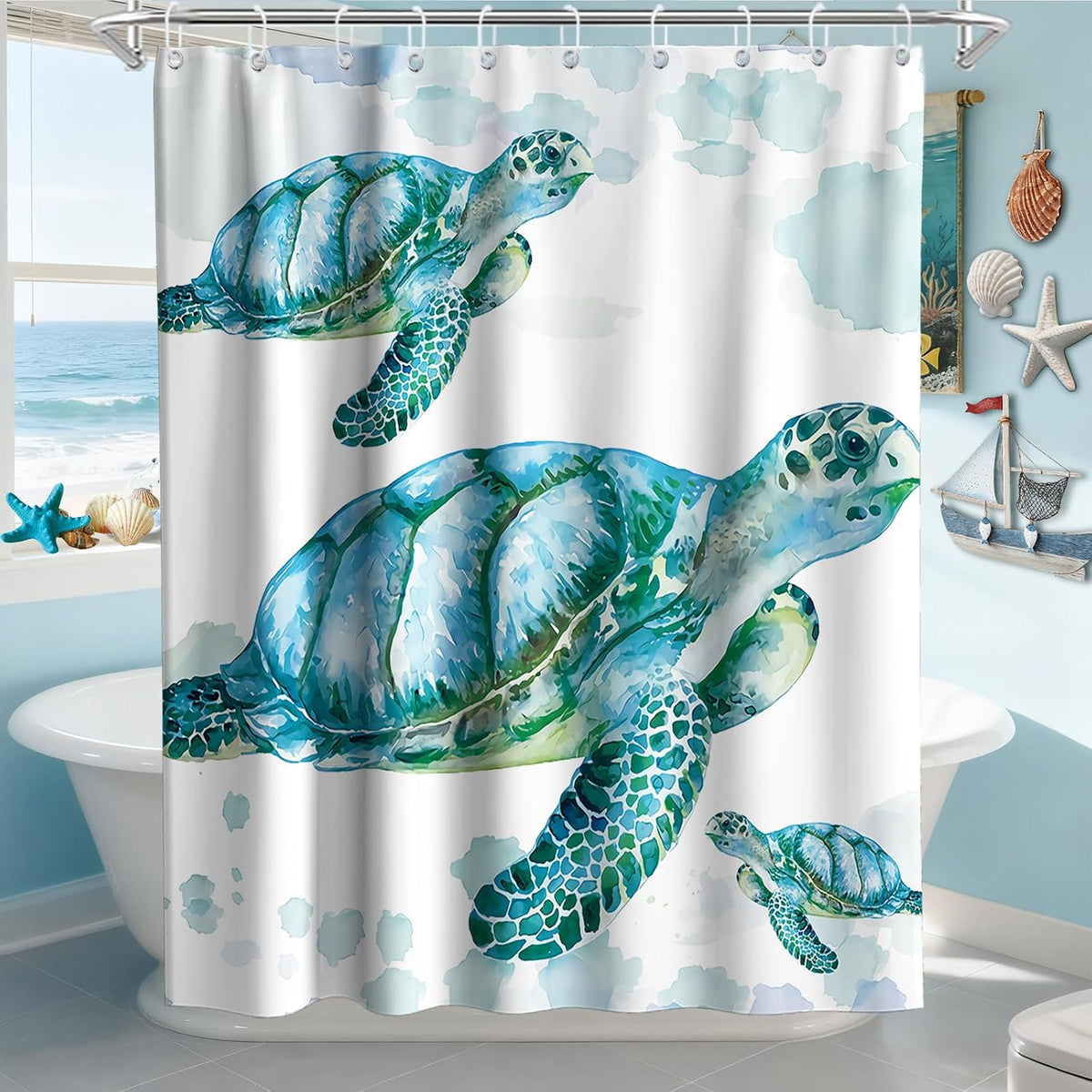 Nautical Green Sea Turtles Beach Theme Fabric Shower Curtain Sets Bathroom Blue Ocean Decor with Grommets and Hooks - 72 x 72 Inch Teal