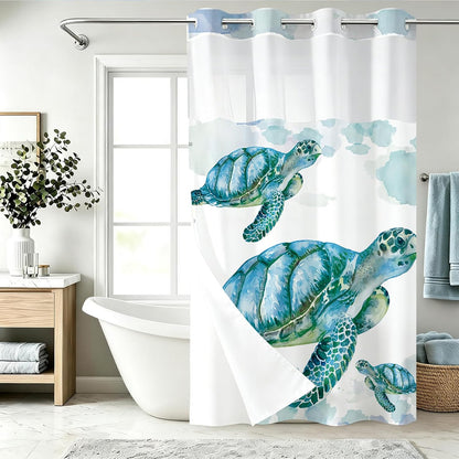 Nautical Green Sea Turtles Beach Theme Fabric Shower Curtain Sets Bathroom Blue Ocean Decor with Grommets and Hooks - 72 x 72 Inch Teal