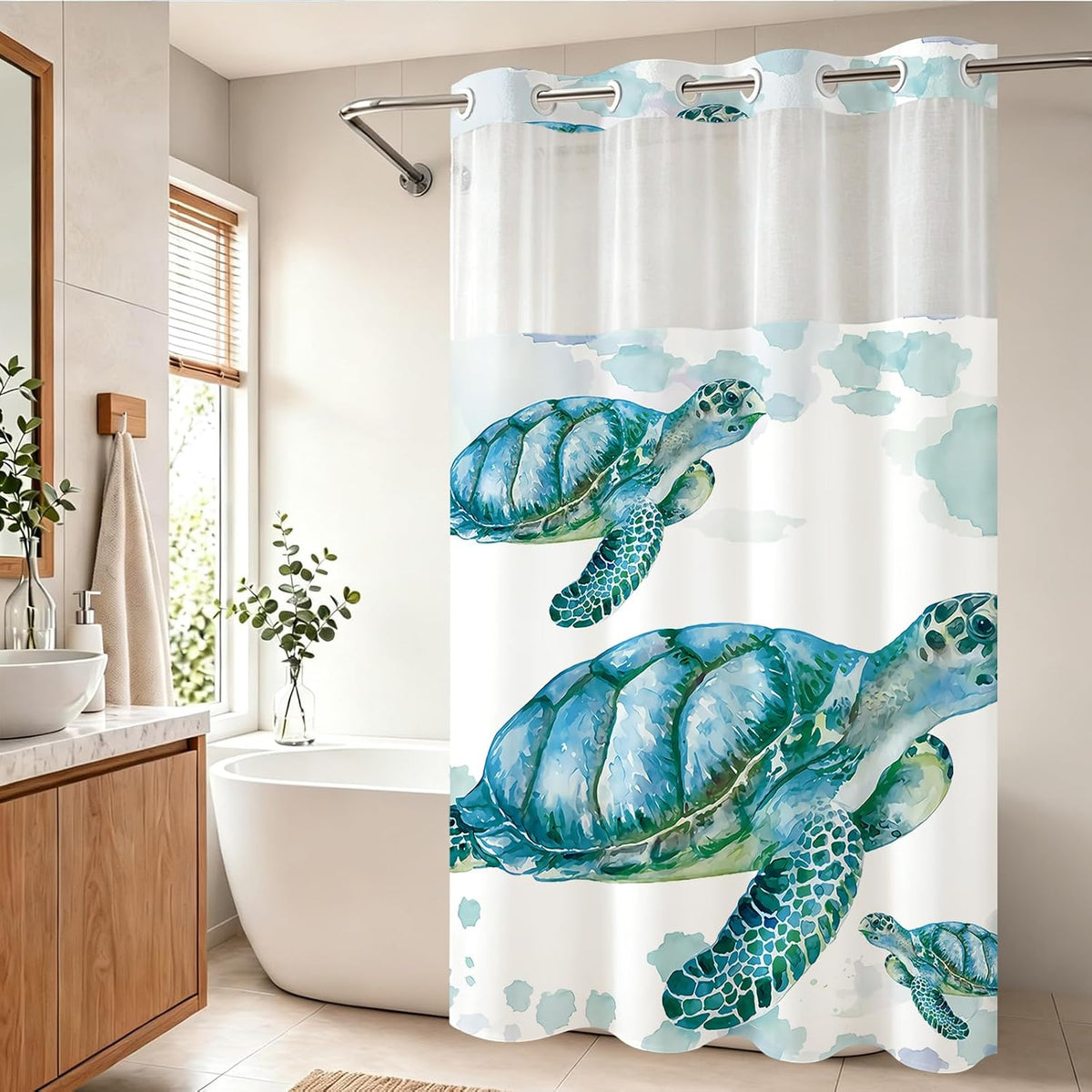 Nautical Green Sea Turtles Beach Theme Fabric Shower Curtain Sets Bathroom Blue Ocean Decor with Grommets and Hooks - 72 x 72 Inch Teal