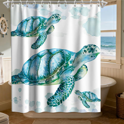 Nautical Green Sea Turtles Beach Theme Fabric Shower Curtain Sets Bathroom Blue Ocean Decor with Grommets and Hooks - 72 x 72 Inch Teal