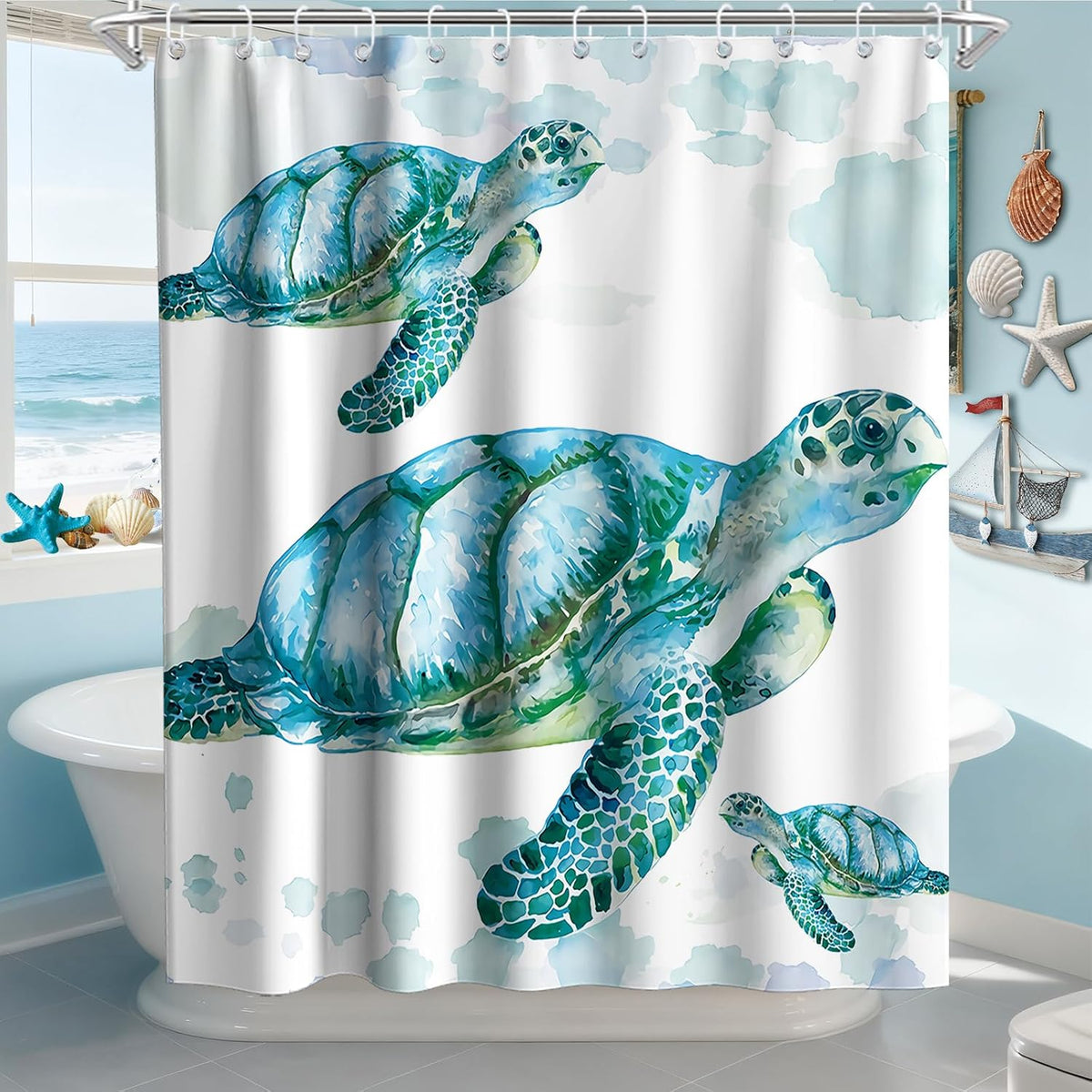 Nautical Green Sea Turtles Beach Theme Fabric Shower Curtain Sets Bathroom Blue Ocean Decor with Grommets and Hooks - 72 x 72 Inch Teal