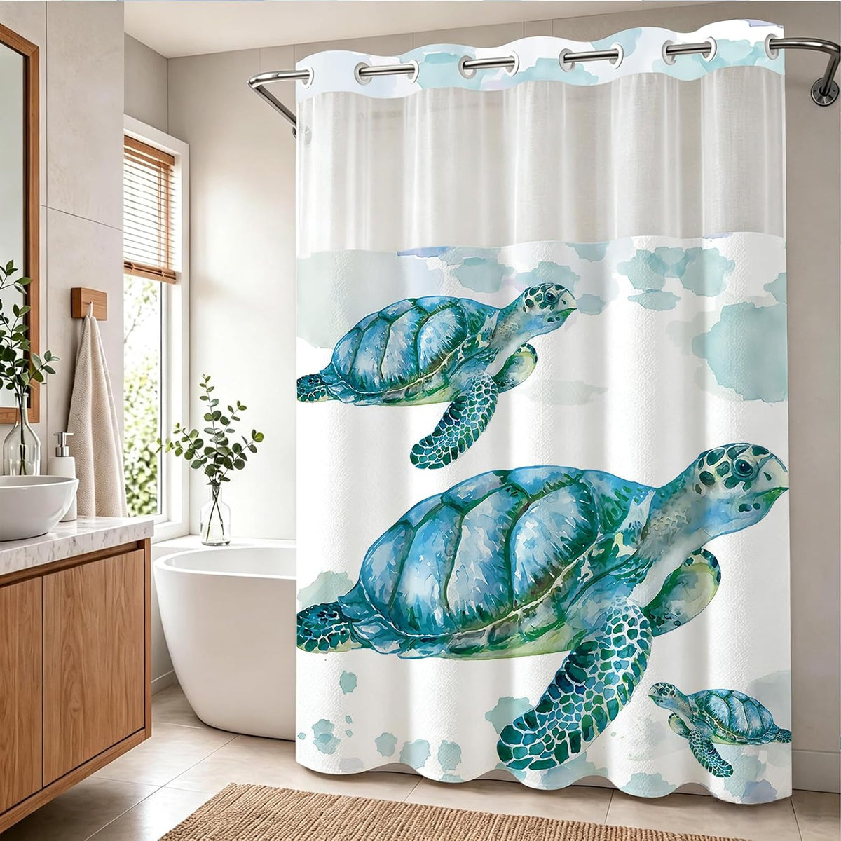 Nautical Green Sea Turtles Beach Theme Fabric Shower Curtain Sets Bathroom Blue Ocean Decor with Grommets and Hooks - 72 x 72 Inch Teal