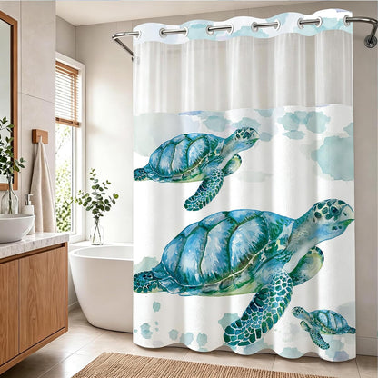 Nautical Green Sea Turtles Beach Theme Fabric Shower Curtain Sets Bathroom Blue Ocean Decor with Grommets and Hooks - 72 x 72 Inch Teal