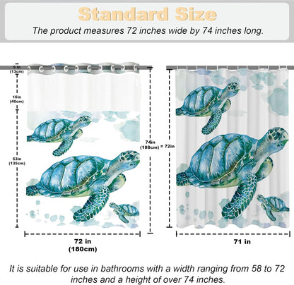 Nautical Green Sea Turtles Beach Theme Fabric Shower Curtain Sets Bathroom Blue Ocean Decor with Grommets and Hooks - 72 x 72 Inch Teal