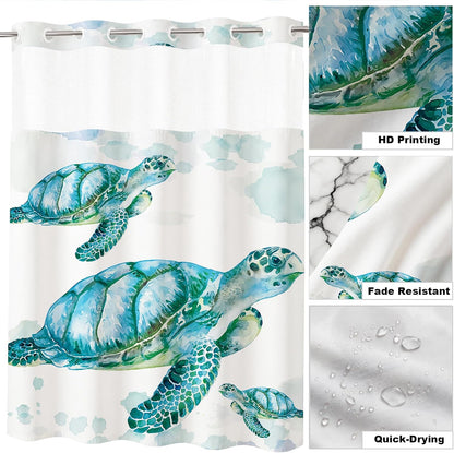 Nautical Green Sea Turtles Beach Theme Fabric Shower Curtain Sets Bathroom Blue Ocean Decor with Grommets and Hooks - 72 x 72 Inch Teal