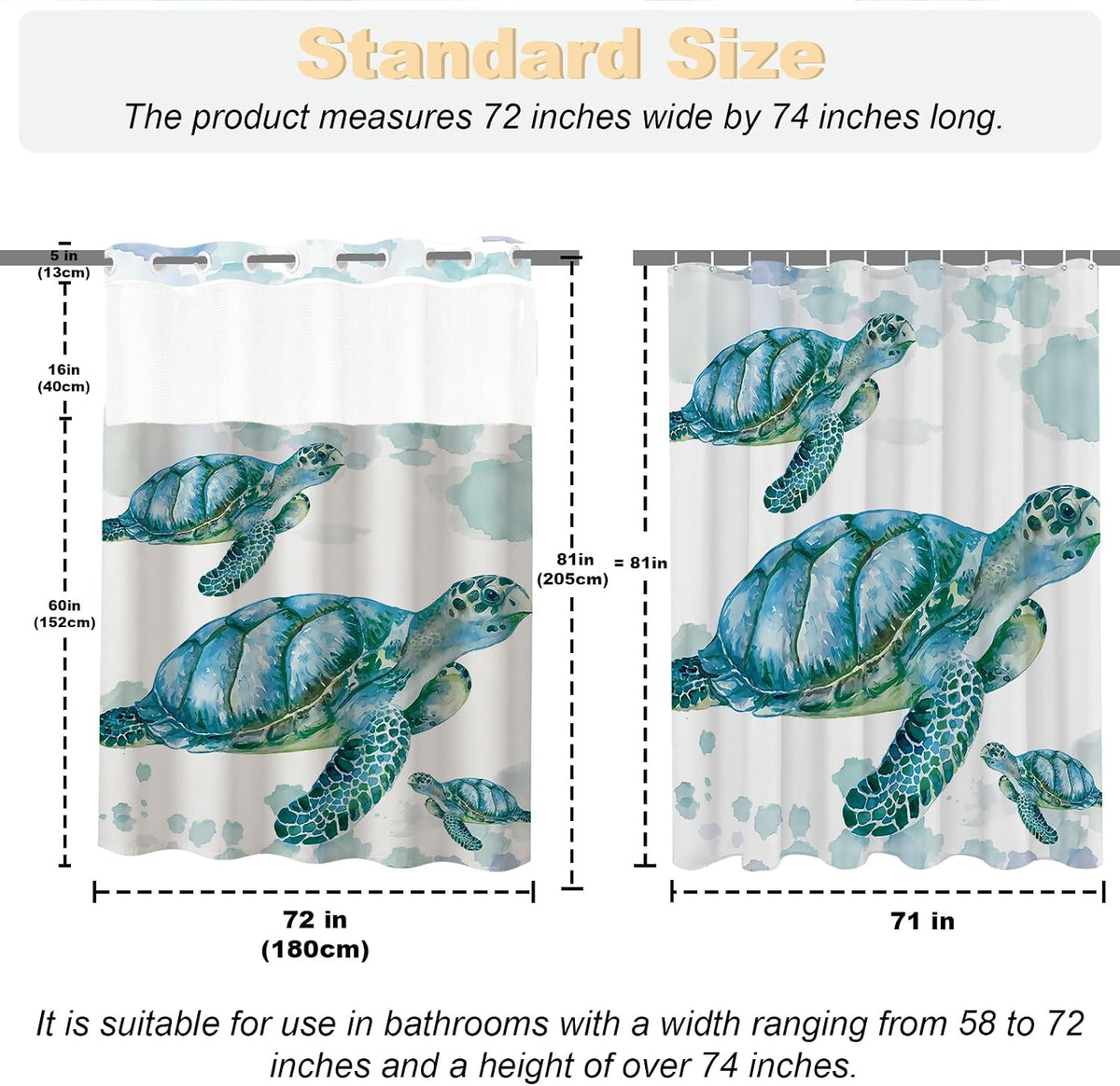 Nautical Green Sea Turtles Beach Theme Fabric Shower Curtain Sets Bathroom Blue Ocean Decor with Grommets and Hooks - 72 x 72 Inch Teal