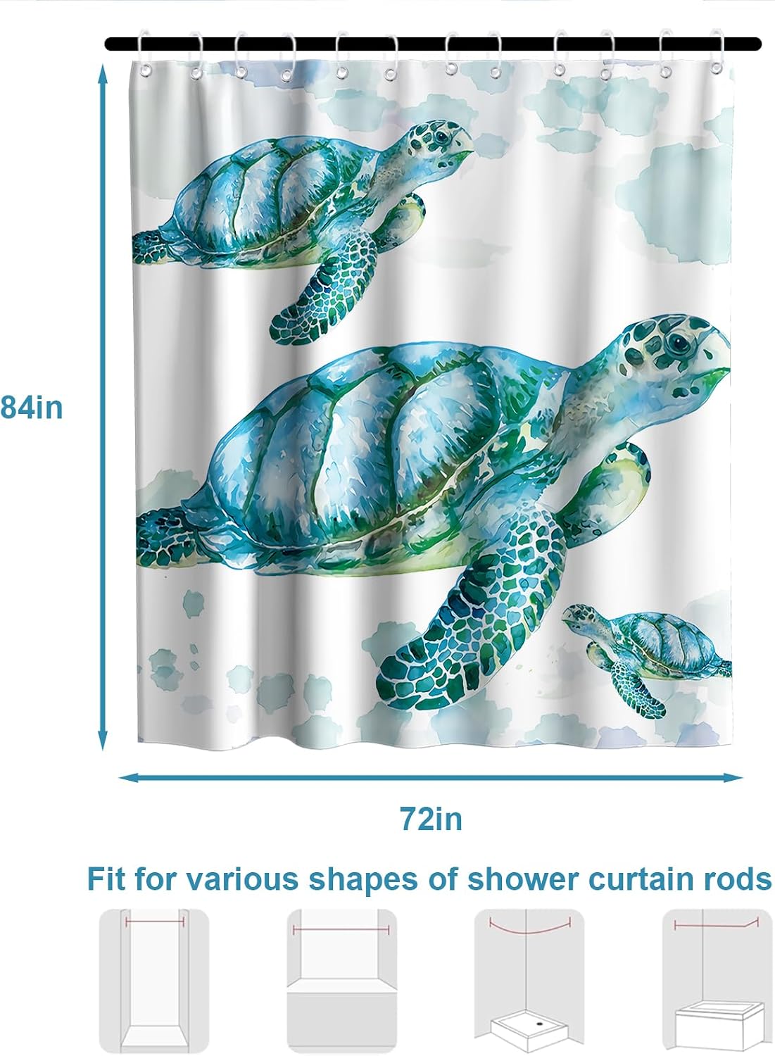 Nautical Green Sea Turtles Beach Theme Fabric Shower Curtain Sets Bathroom Blue Ocean Decor with Grommets and Hooks - 72 x 72 Inch Teal