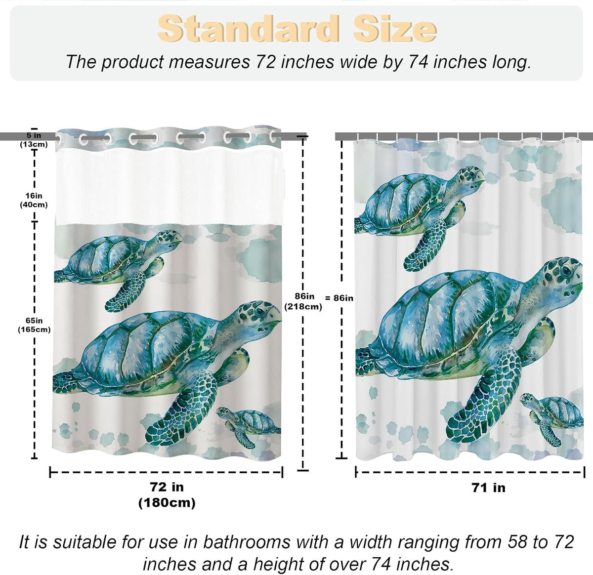 Nautical Green Sea Turtles Beach Theme Fabric Shower Curtain Sets Bathroom Blue Ocean Decor with Grommets and Hooks - 72 x 72 Inch Teal
