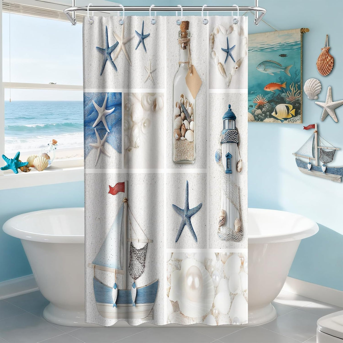 Nautical Green Sea Turtles Beach Theme Fabric Shower Curtain Sets Bathroom Blue Ocean Decor with Grommets and Hooks - 72 x 72 Inch Teal