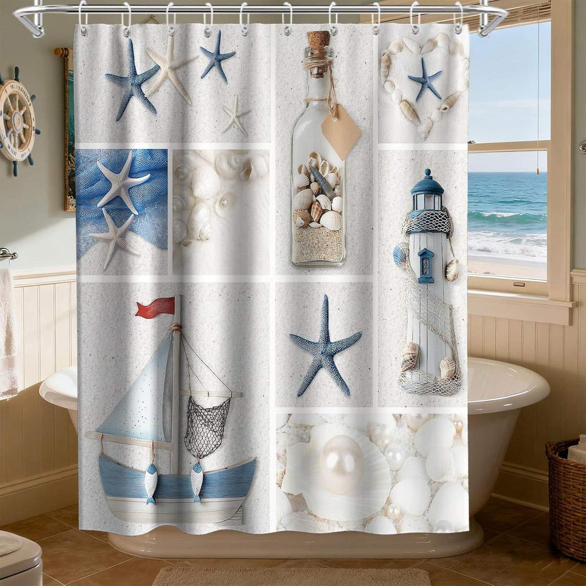 Nautical Green Sea Turtles Beach Theme Fabric Shower Curtain Sets Bathroom Blue Ocean Decor with Grommets and Hooks - 72 x 72 Inch Teal