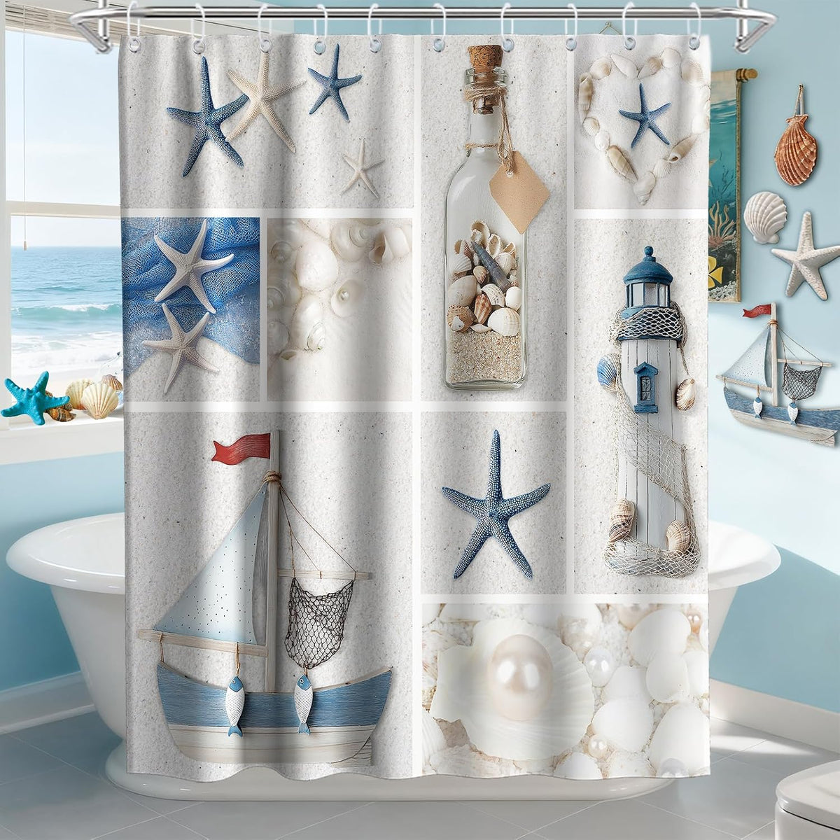 Nautical Green Sea Turtles Beach Theme Fabric Shower Curtain Sets Bathroom Blue Ocean Decor with Grommets and Hooks - 72 x 72 Inch Teal