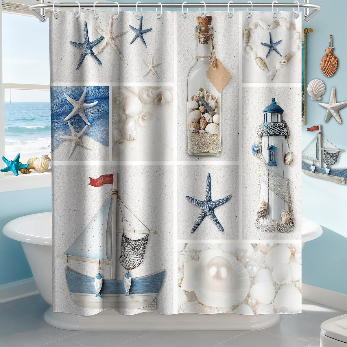 Nautical Green Sea Turtles Beach Theme Fabric Shower Curtain Sets Bathroom Blue Ocean Decor with Grommets and Hooks - 72 x 72 Inch Teal