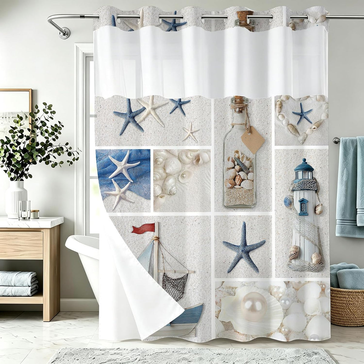 Nautical Green Sea Turtles Beach Theme Fabric Shower Curtain Sets Bathroom Blue Ocean Decor with Grommets and Hooks - 72 x 72 Inch Teal