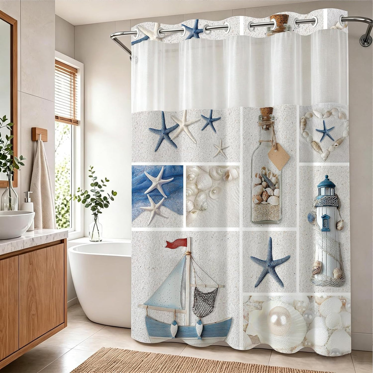 Nautical Green Sea Turtles Beach Theme Fabric Shower Curtain Sets Bathroom Blue Ocean Decor with Grommets and Hooks - 72 x 72 Inch Teal