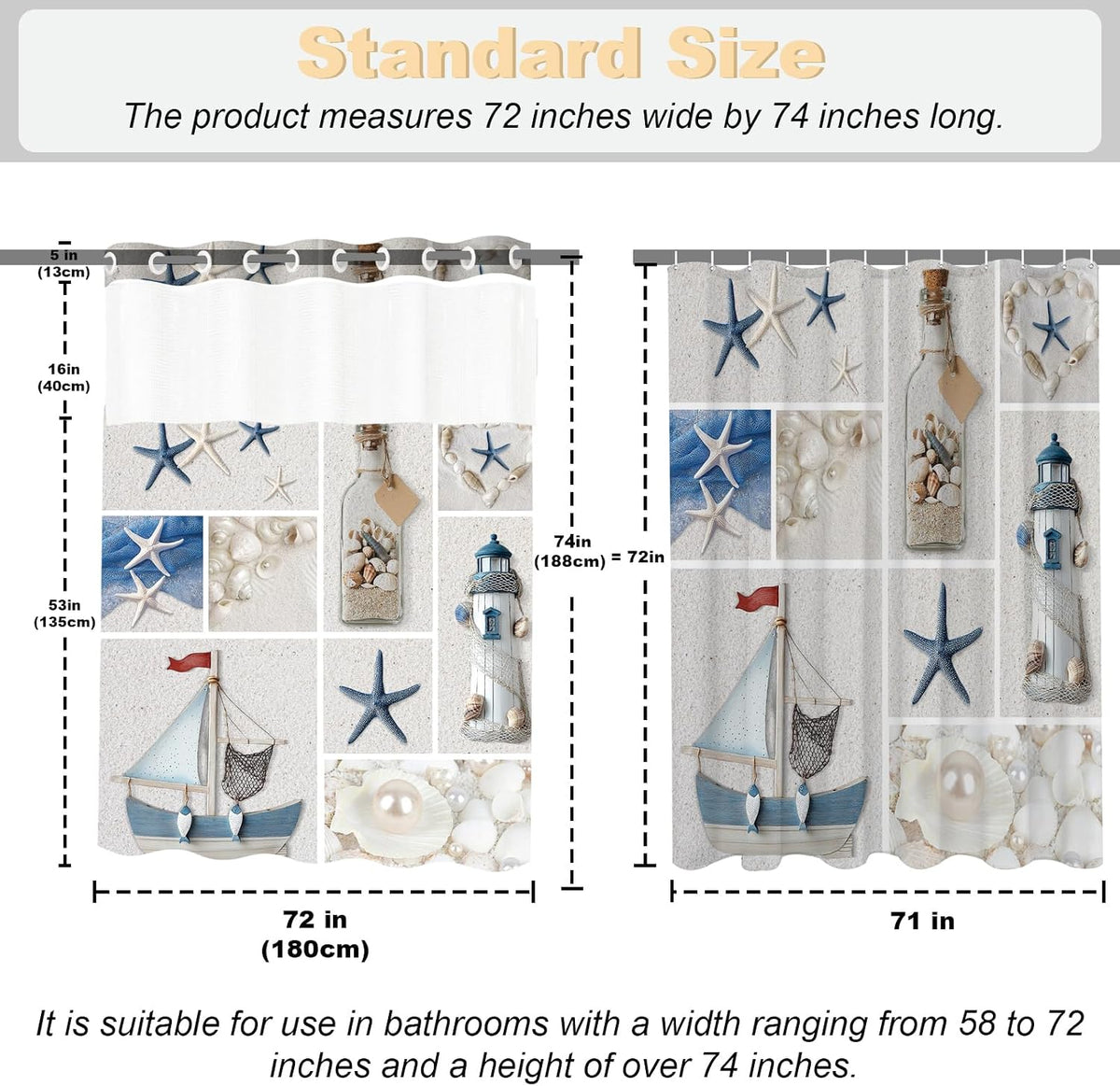Nautical Green Sea Turtles Beach Theme Fabric Shower Curtain Sets Bathroom Blue Ocean Decor with Grommets and Hooks - 72 x 72 Inch Teal