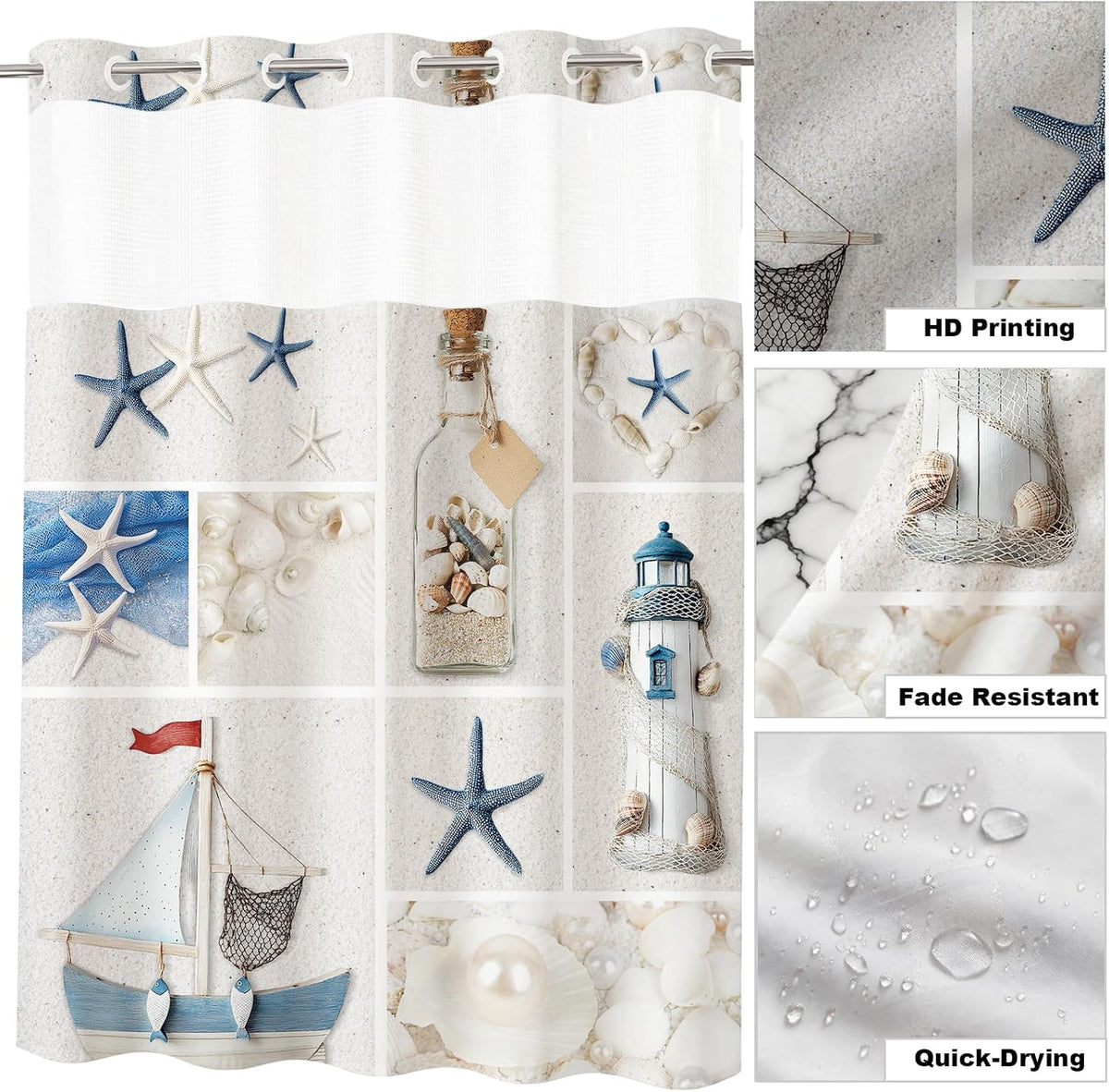 Nautical Green Sea Turtles Beach Theme Fabric Shower Curtain Sets Bathroom Blue Ocean Decor with Grommets and Hooks - 72 x 72 Inch Teal