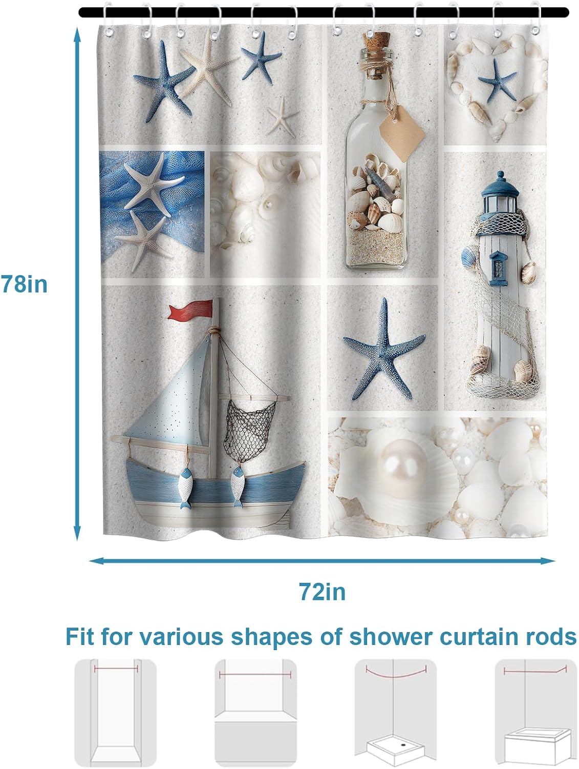 Nautical Green Sea Turtles Beach Theme Fabric Shower Curtain Sets Bathroom Blue Ocean Decor with Grommets and Hooks - 72 x 72 Inch Teal