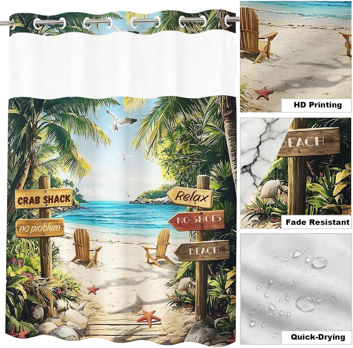 Nautical Green Sea Turtles Beach Theme Fabric Shower Curtain Sets Bathroom Blue Ocean Decor with Grommets and Hooks - 72 x 72 Inch Teal